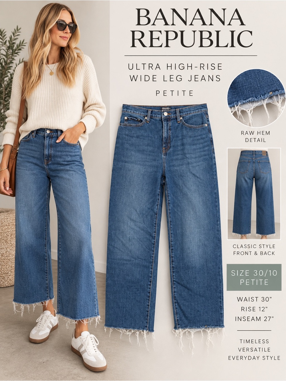 Banana Republic Ultra High-Rise Wide Leg Petite Jeans Size 30/10 Raw Hem